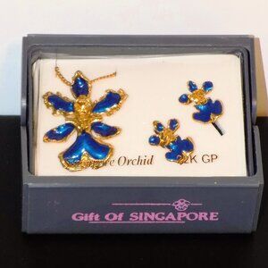 Vintage Singapore 22k GP Real Orchid Pendant Necklace / Brooch Combo & Earrings